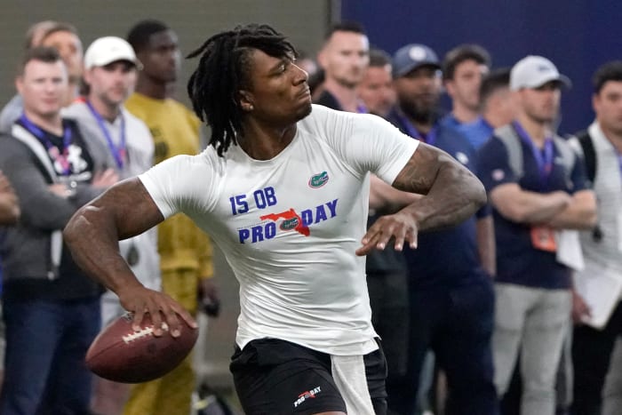 Florida quarterback Anthony Richardson throws a pass during an NFL football Pro Day.